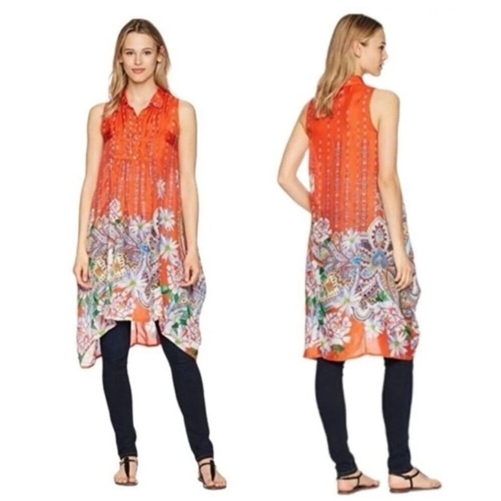 Johnny Was Size XS 100% Silk Floral Paisley Mini Dress Tunic Handkerchief Hem